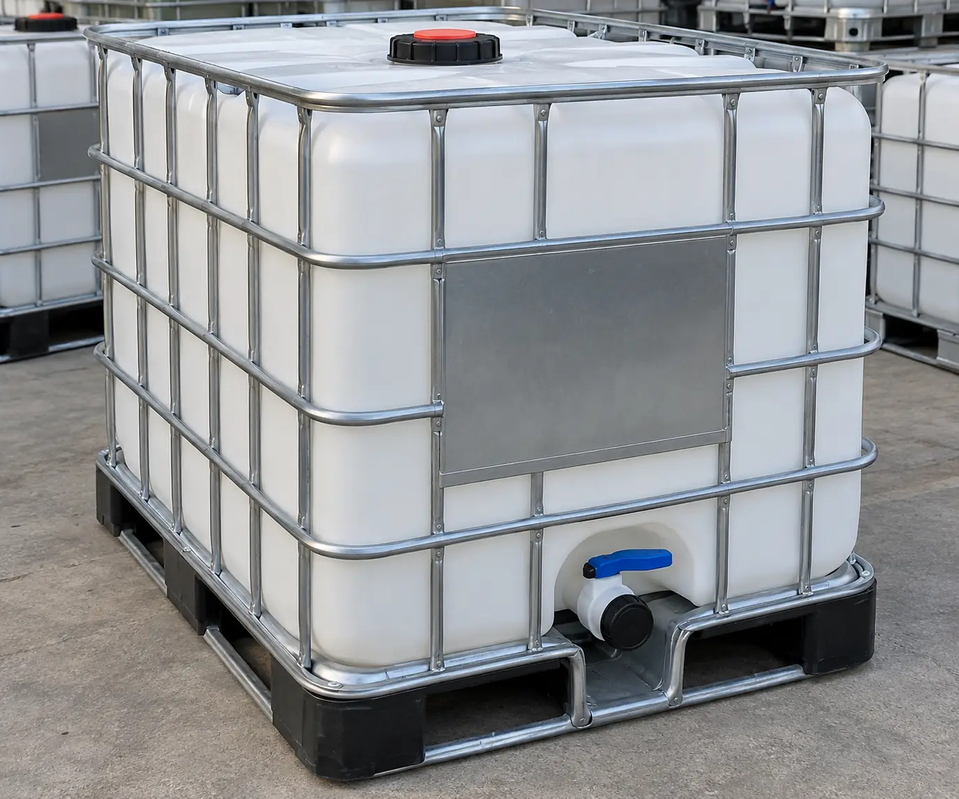 A reconditioned 275 gallon composite IBC tote on a black plastic pallet, galvanised cage, outlet valve and vented cap fitted, with further containers racked behind it.
