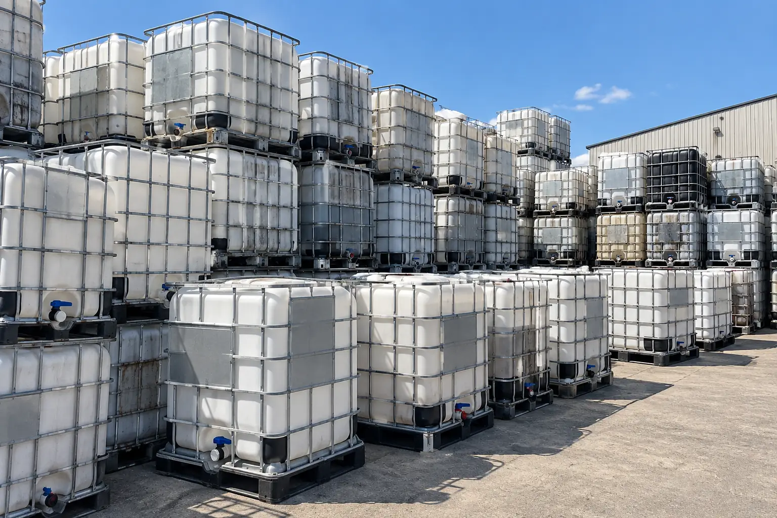 An outdoor yard holding several hundred used IBC totes stacked two and three high in the sun, beside a steel warehouse building.