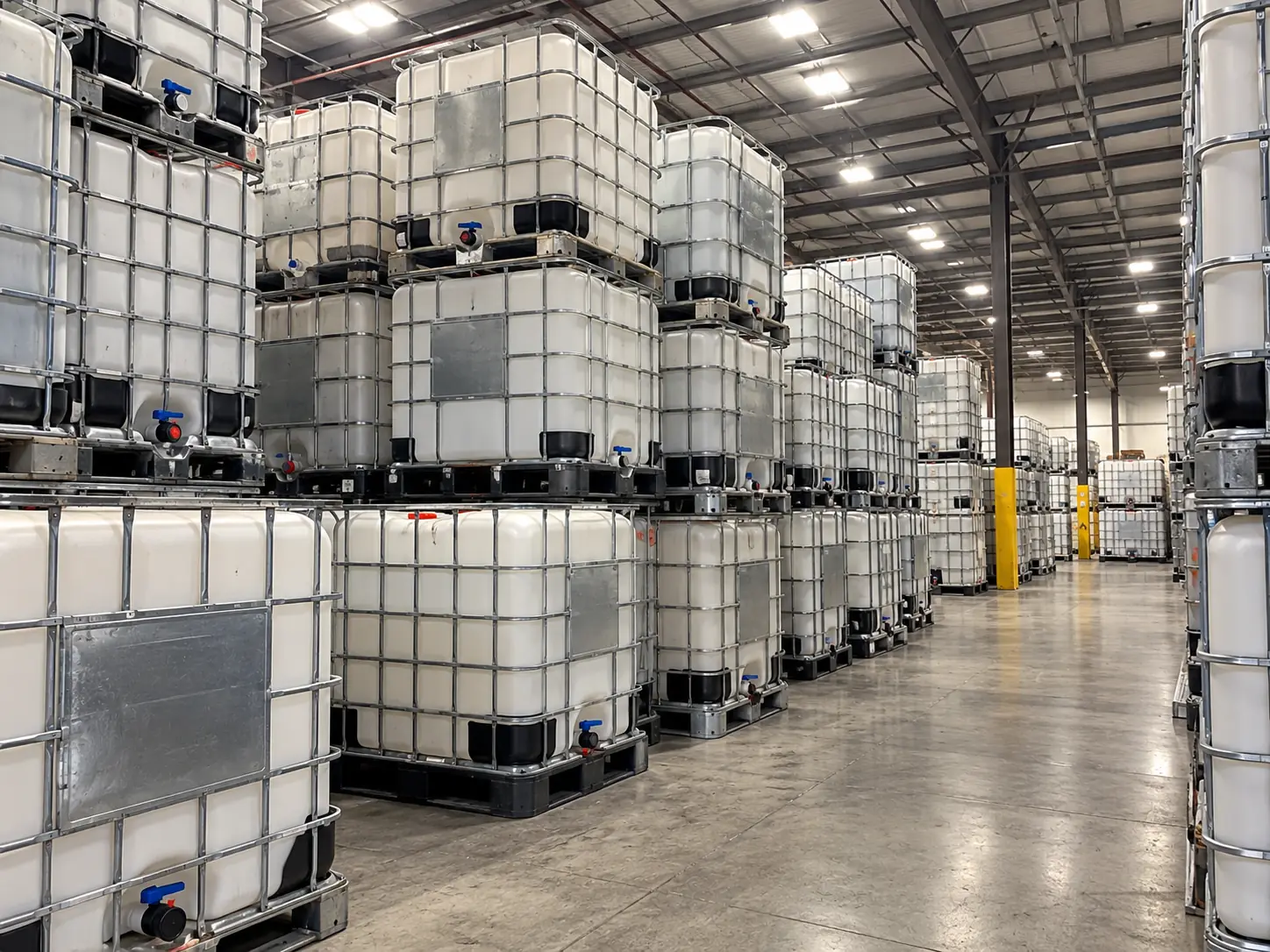 Inside a warehouse: aisles of used IBC totes stacked three high on a polished concrete floor under high-bay lighting.