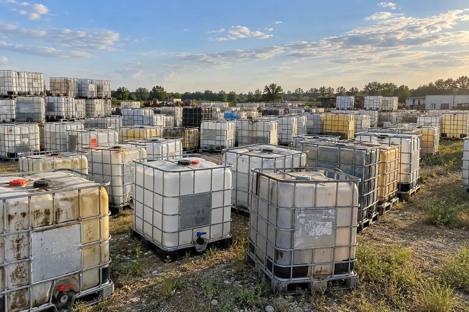 A field of weathered used IBC totes at golden hour, bottles stained yellow and brown, some with labels still attached, waiting to be graded.
