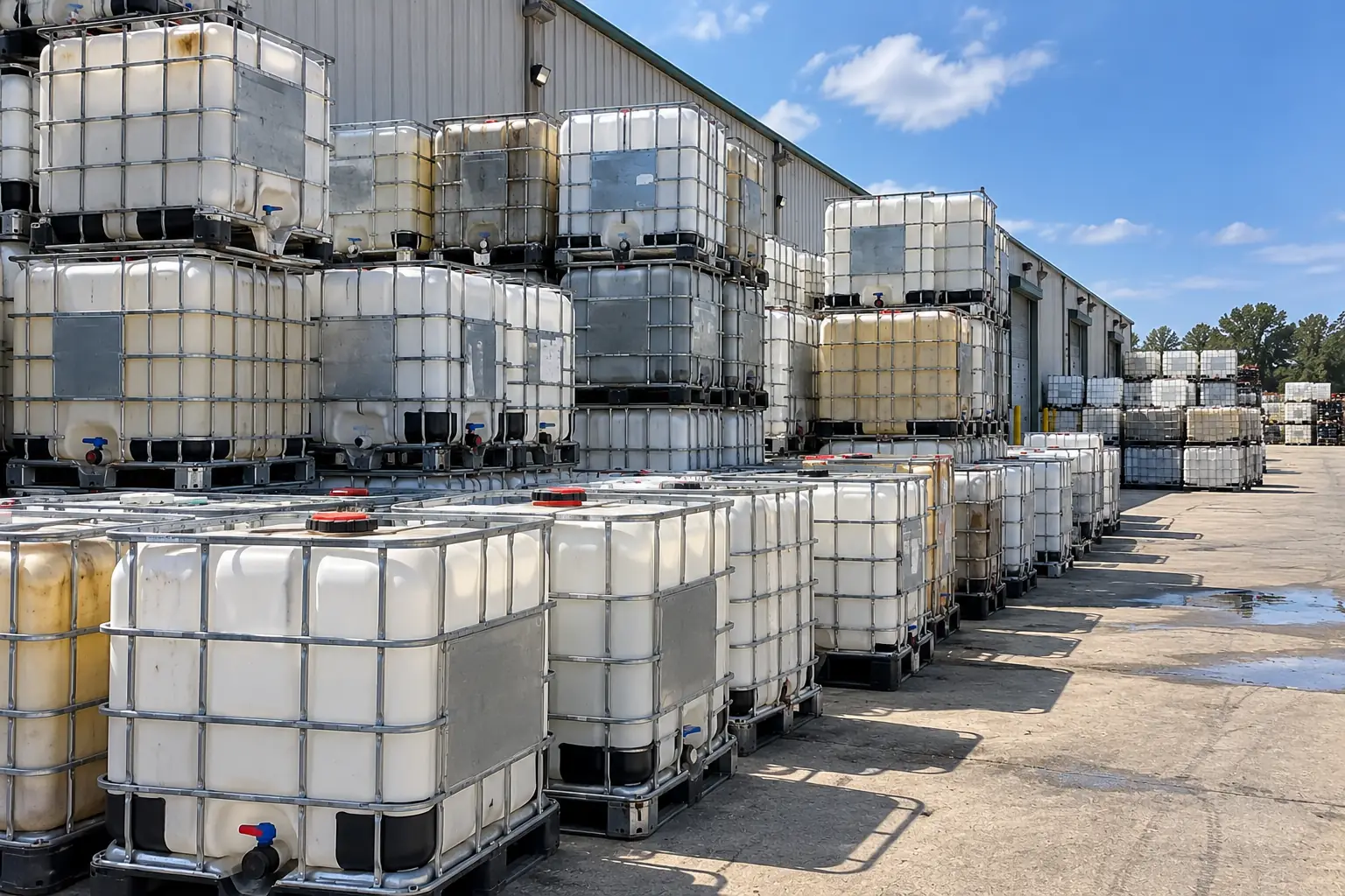 Rows of used IBC totes staged along a warehouse wall beside loading dock doors, ready for collection.