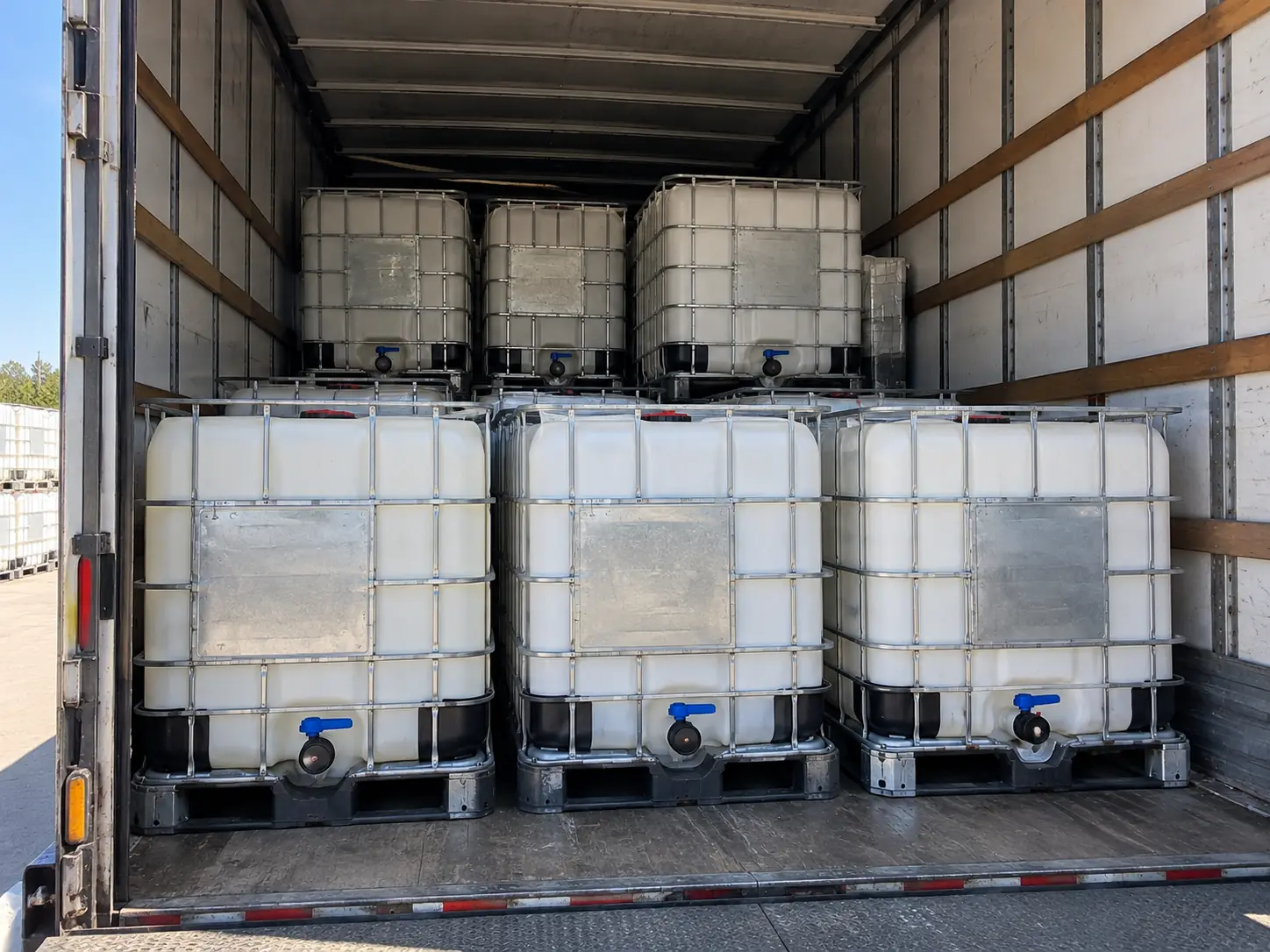 The inside of a loaded trailer: nine IBC totes strapped in place, lower tier single and upper tier stacked cage post over cage post.