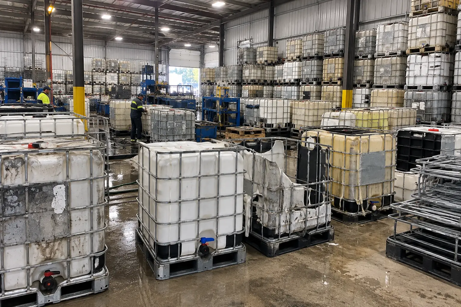 The reconditioning floor: crew in high-visibility clothing working between wet containers, stripped cages and bottles awaiting teardown and washing.
